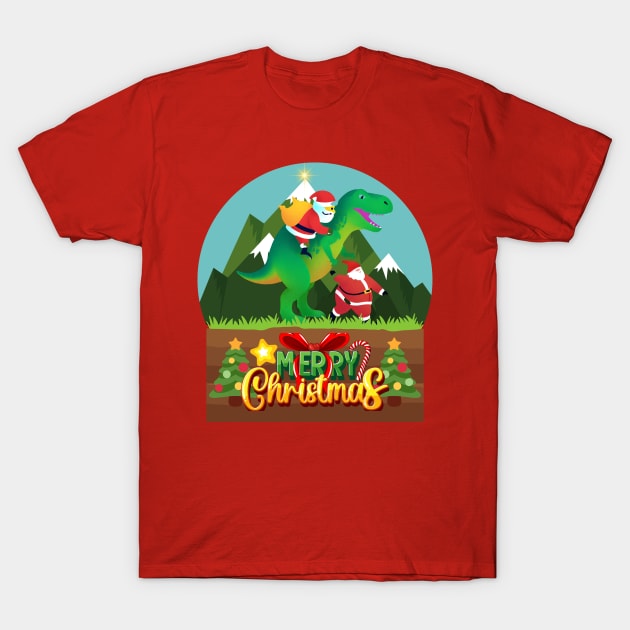 Santa Claus riding a dinosaur T-Shirt by Tee Trendz